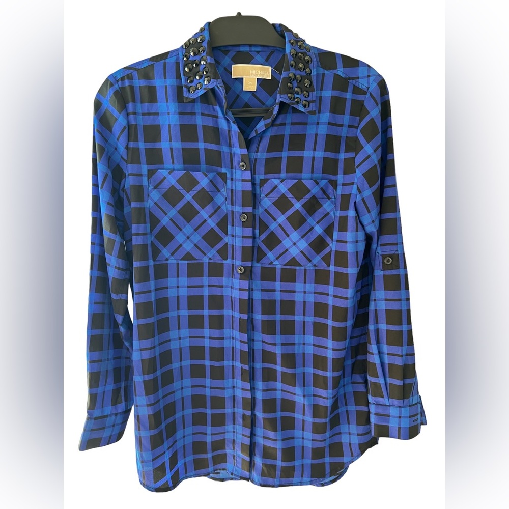 Michael Kors Women's Blue Plaid Long Sleeve Studded Collar Button Up Blouse